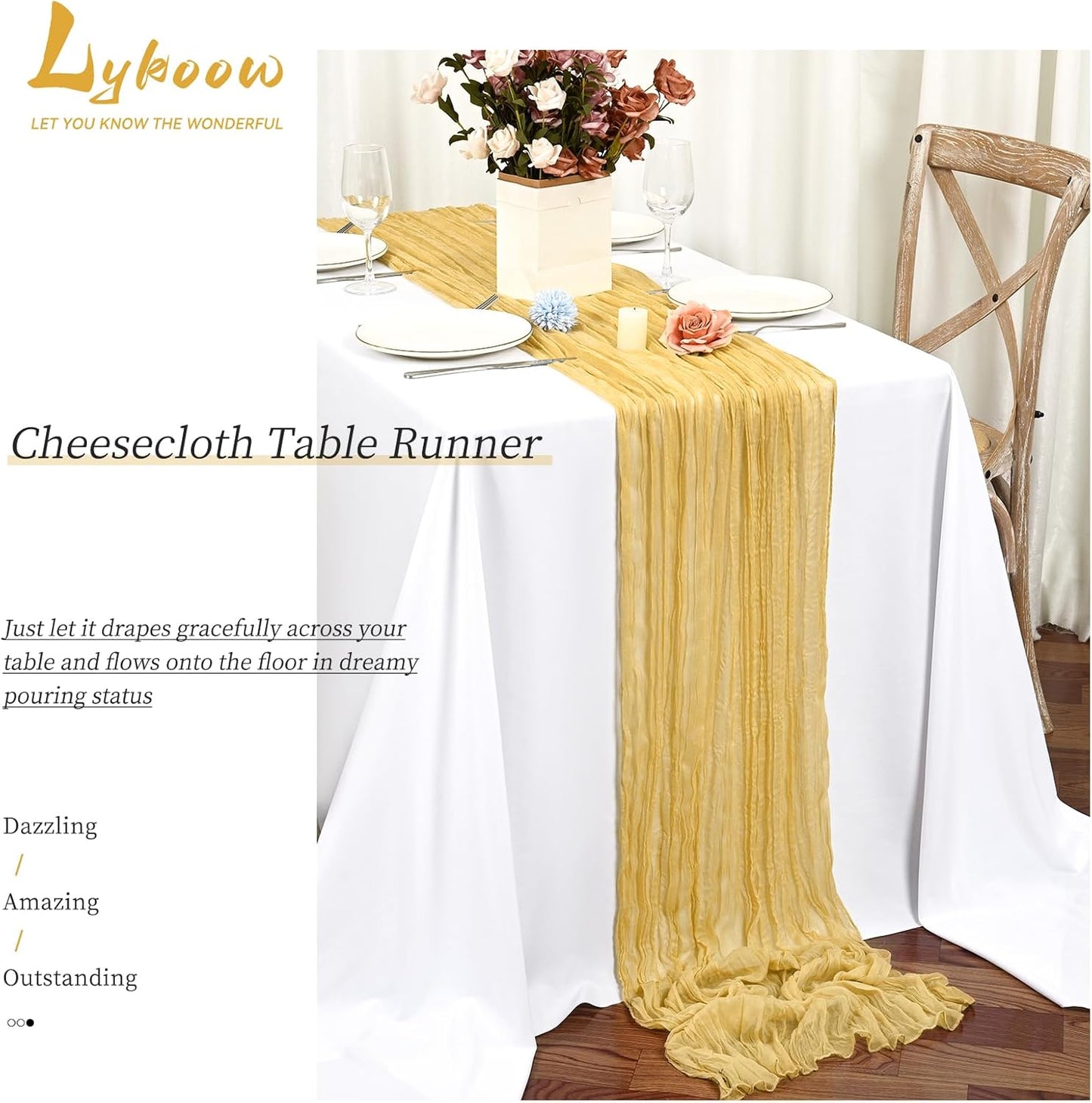 15 Packs Cheesecloth Table Runner Gold,10 Ft Rustic Gauze Boho Wedding Table Runner Decoration, Wedding Table Decor Table Cloth for Wedding Party Bridal Shower Table,21.5x120in