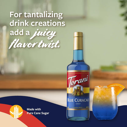Torani Blue Curacao Syrup, Non-Alcoholic Flavoring for Drinks, Glass Bottle with Pump Included, 25.4 Fl Oz