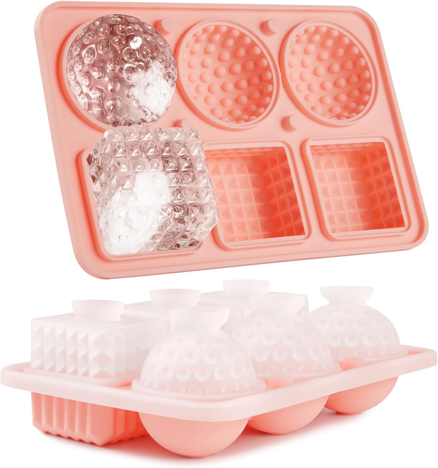 Acomler Large Silicone Ice Cube Tray, 3 Big Crystal Cubes & 3 Sphere Golf Ice Tray, BPA Free Ball Ice Molds, Ice Cube Mold with Funnel for Whiskey, Cocktails, 6 Holes Fun Shape Ice Maker Mold (Pink)