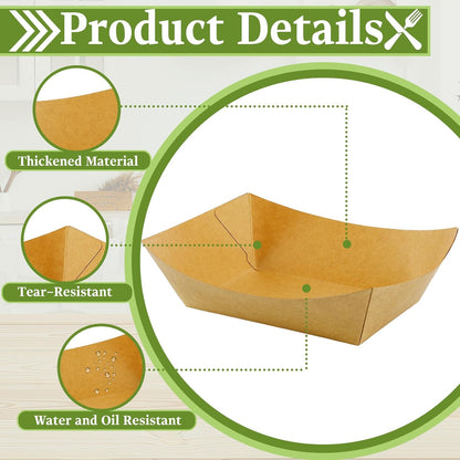 100 Pack 2lb Paper Food Trays, Brown Kraft Paper Food Boats, Heavy Duty Disposable Serving Basket, Disposable Nacho Trays for Party Snacks Nachos Fries Hot Dogs Tacos BBQ Popcorn