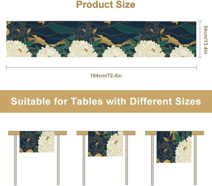 Chinese Landscape Dinning Table Runner, Spring Line Floral Navy Green Peak Asian Style Table Runner for Kitchen Study Living Room Home Bedroom, Gray 13x90 Inch
