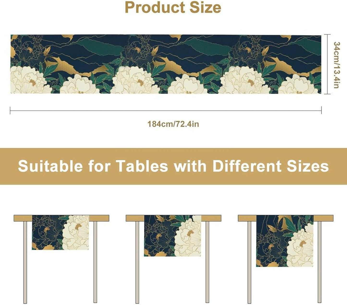 Chinese Landscape Dinning Table Runner, Spring Line Floral Navy Green Peak Asian Style Table Runner for Kitchen Study Living Room Home Bedroom, Gray 13x60 Inch