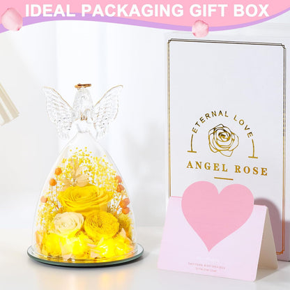 Christmas Rose Gifts for Women Preserved Real Flower in Glass Angel Figurines Roses for Delivery Prime Birthday Gifts for Mom Grandma Girlfriend Wife Her,Yellow Austin Roses