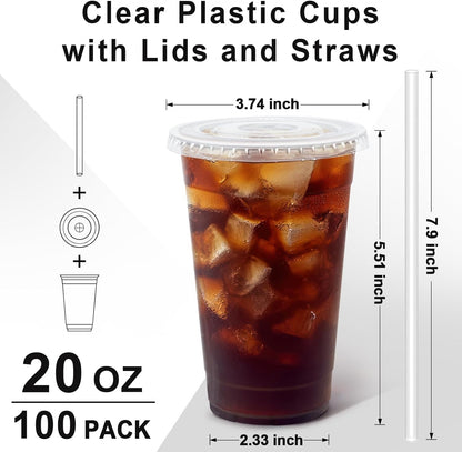 100 Pack 20 oz Plastic Cups with Lids and Straws Sturdy Food Safe Iced Clear Coffee Cups Disposable Smoothie Cups for Cold Drinks