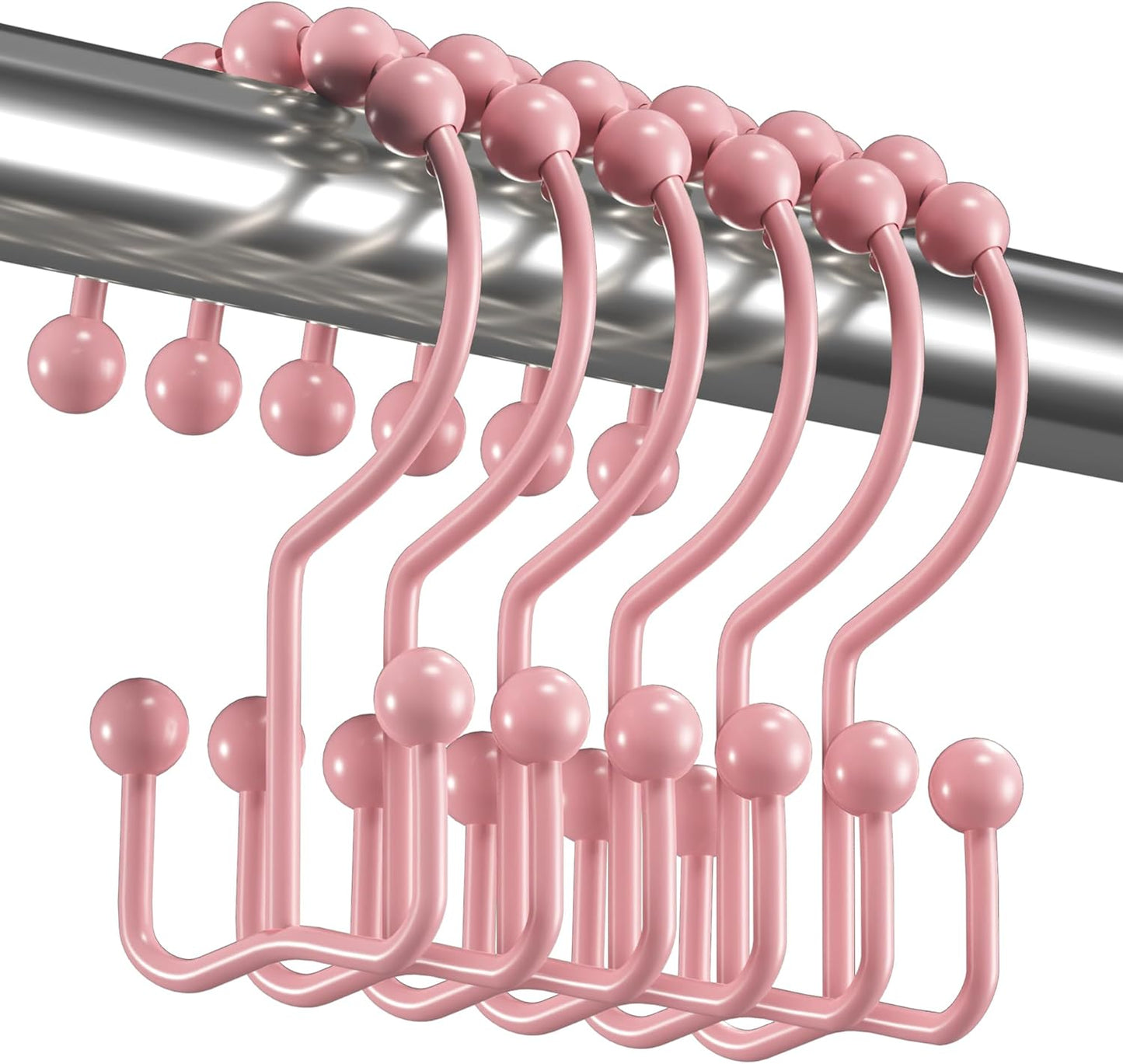 Titanker Shower Curtain Hooks Rings, Rust-Resistant Metal Double Glide Shower Hooks for Bathroom Shower Rods Curtains, Set of 12 Hooks - Light Pink