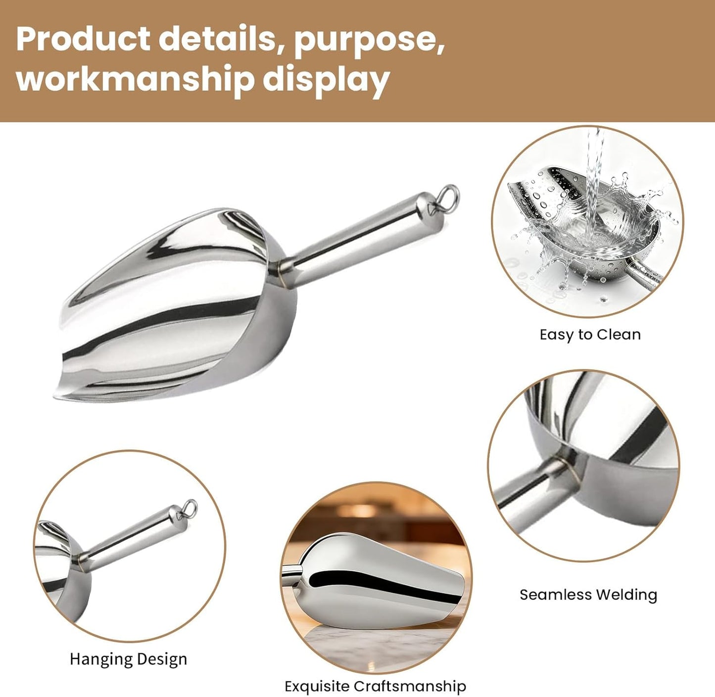 Ice Scoop for Ice Maker, 12 Oz Heavy Duty Ice Shovel, 304 Stainless Steel Commercial Multi-Purpose Spoon for Bar, Kitchen, Party & Pet Food, Easy to Clean, Silver