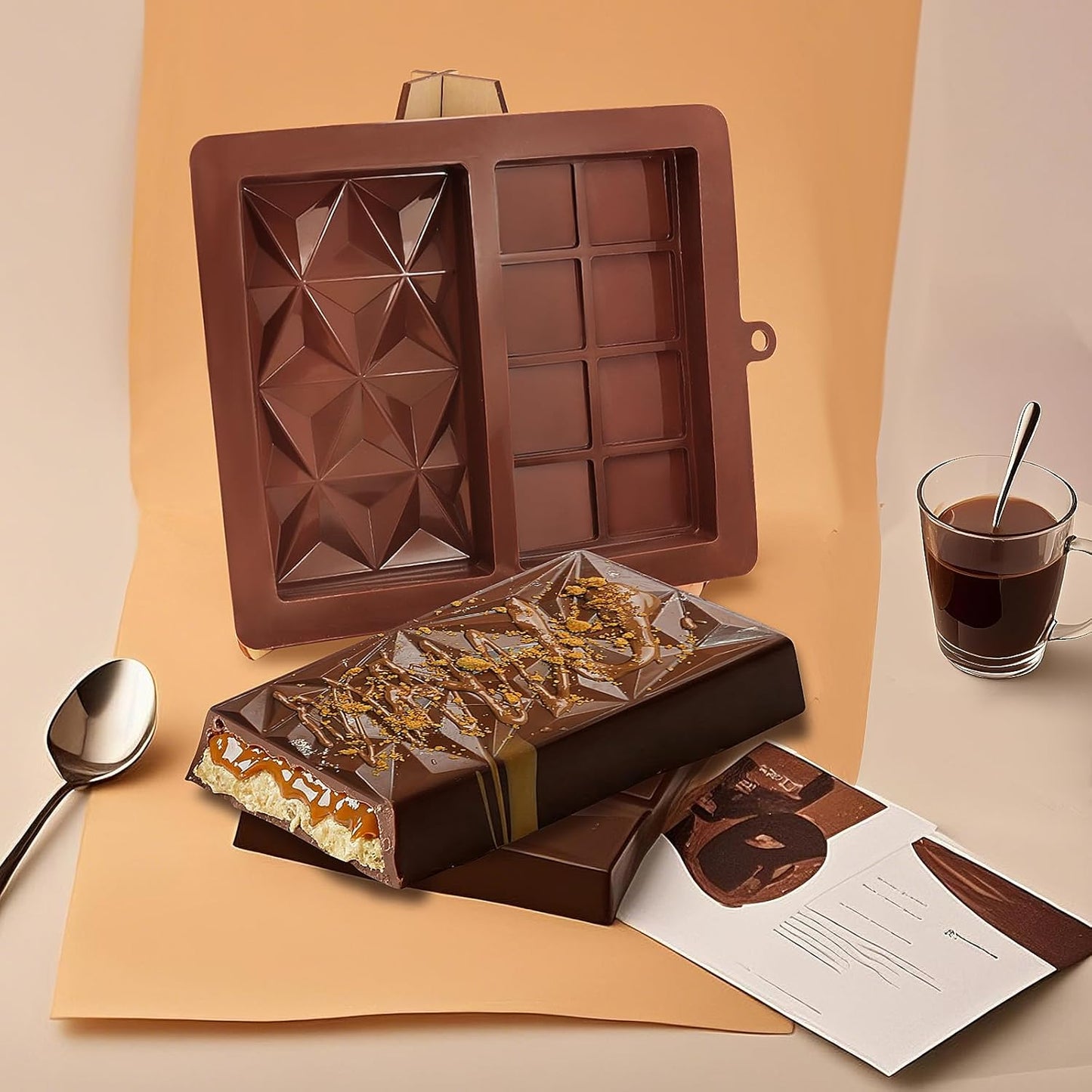 2 Pack Deep Chocolate Bar Molds, Silicone Dubai Chocolate Bar Mold, Candy Bar Mold for Stuffed Bar with Scraper