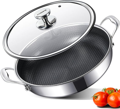 316L Stainless Steel Frying Pan-12inch Hybrid Nonstick Induction Pan with Lid, Two Handle Hold, PFOA Free, Dishwasher Oven Safe, Paella Pan for Stir fry/Toast/Roast/Bake/Stew, 6 Quart