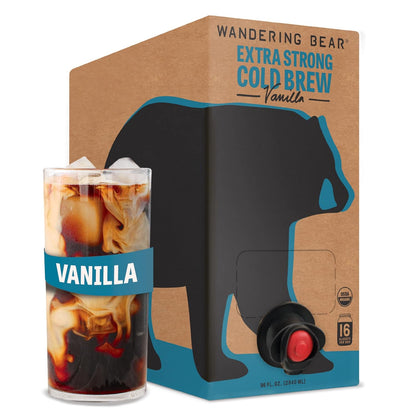Wandering Bear Organic Vanilla Coffee Cold Brew On Tap, Iced Coffee Drink -Extra Strong, Smooth, No Sugar Added, Shelf-Stable, Ready to Drink, Gluten Free & Vegan Decaf -16 Servings of 6fl.oz -96fl.oz