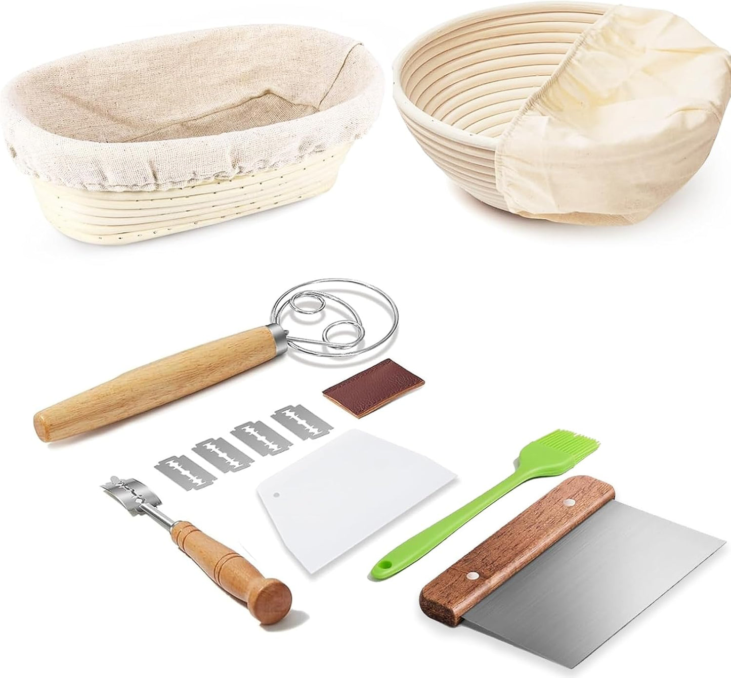 Banneton Bread Proofing Basket Banneton Basket Set Sourdough Proofing Basket Round Proofing Bowls Handmade Rattan Baskets and Liners (Oval & Round Baking Set)