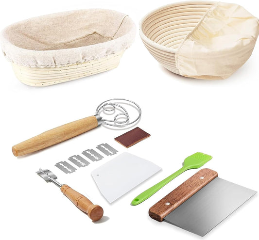 Banneton Bread Proofing Basket Banneton Basket Set Sourdough Proofing Basket Round Proofing Bowls Handmade Rattan Baskets and Liners (Oval & Round Baking Set)