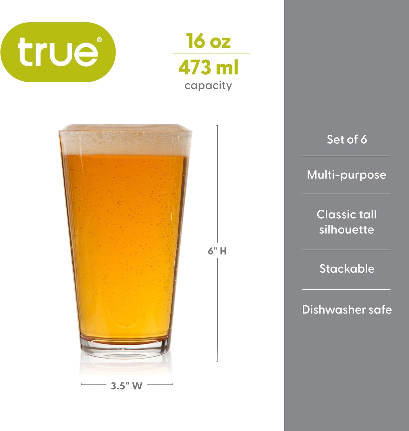 TRUE Stackable Beer Glasses, Pint Glasses for Beers, Water, Iced Coffee, Cocktails, Game Night, Beer Gifts for Men, BBQ Outdoor Party, Home Bar Accessories, Kitchen Glassware, 16 oz, Set of 6