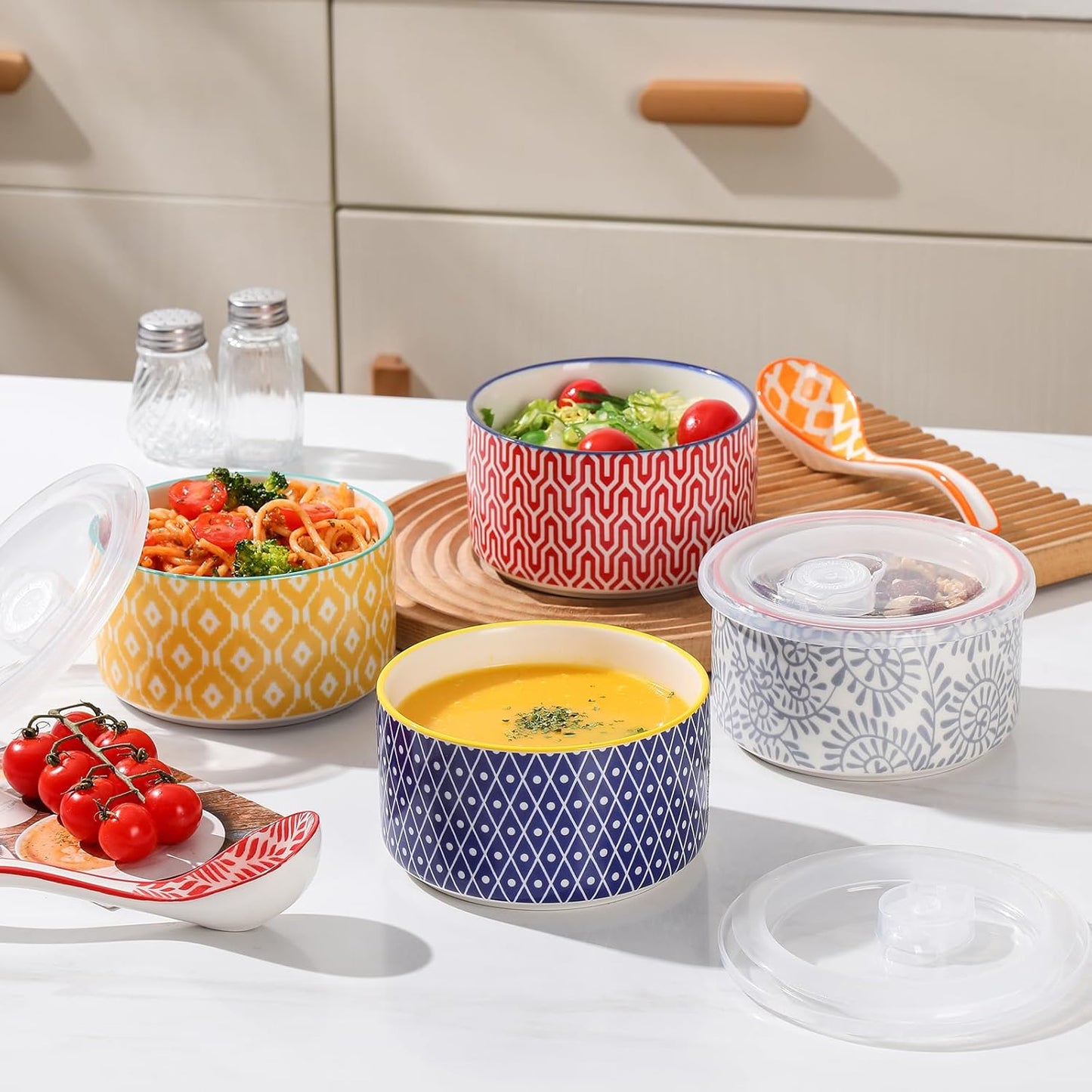 Selamica Ceramic Bowls with Lids,14 OZ Small Serving Bowls with Lids for Lunch Picnic Microwave Safe, 5 Inch Kitchen Food Storage Bowls Set of 4 for Prep, Salad, Pasta, Cereal, Assorted Colors