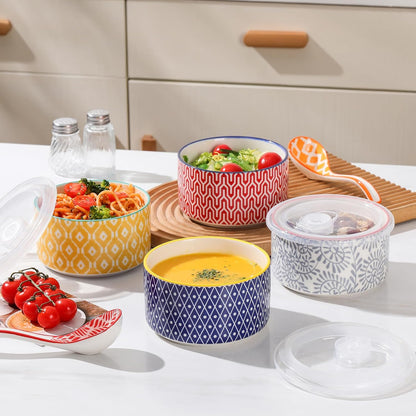 Selamica Ceramic Bowls with Lids,14 OZ Small Serving Bowls with Lids for Lunch Picnic Microwave Safe, 5 Inch Kitchen Food Storage Bowls Set of 4 for Prep, Salad, Pasta, Cereal, Assorted Colors