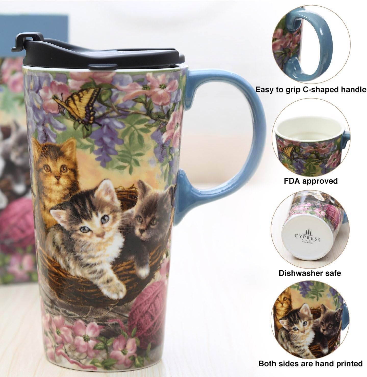TZSSP Ceramic Coffee Mug,Coffee Travel Mug with Handle & Lid,Travel Cup for Porcelain,17 oz,Tall Tea Mug in Gift Box for Home & Office, Flower & Cat Art Pattern