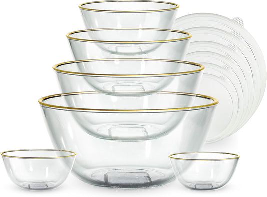 COOK WITH COLOR 12 Pc Glass Mixing Bowl Set with Lids – Borosilicate Glass Nesting Bowls for Cooking, Baking and Meal Prep, Gold Rim