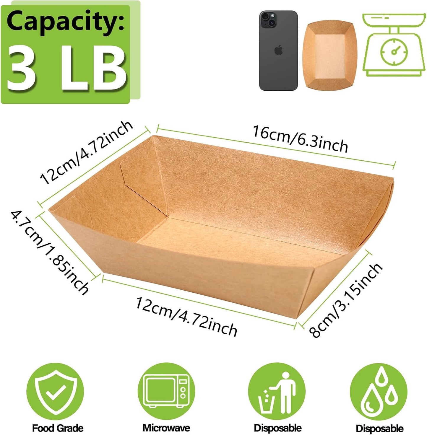 50 Pack 3lb Heavy Duty Kraft Leak Proof Paper Food Boats Disposable Nacho Trays Extra Large Food Serving Holder for Chips, Hot Dogs, Popcorn, Snacks, BBQ, Party, Picnic, Wedding