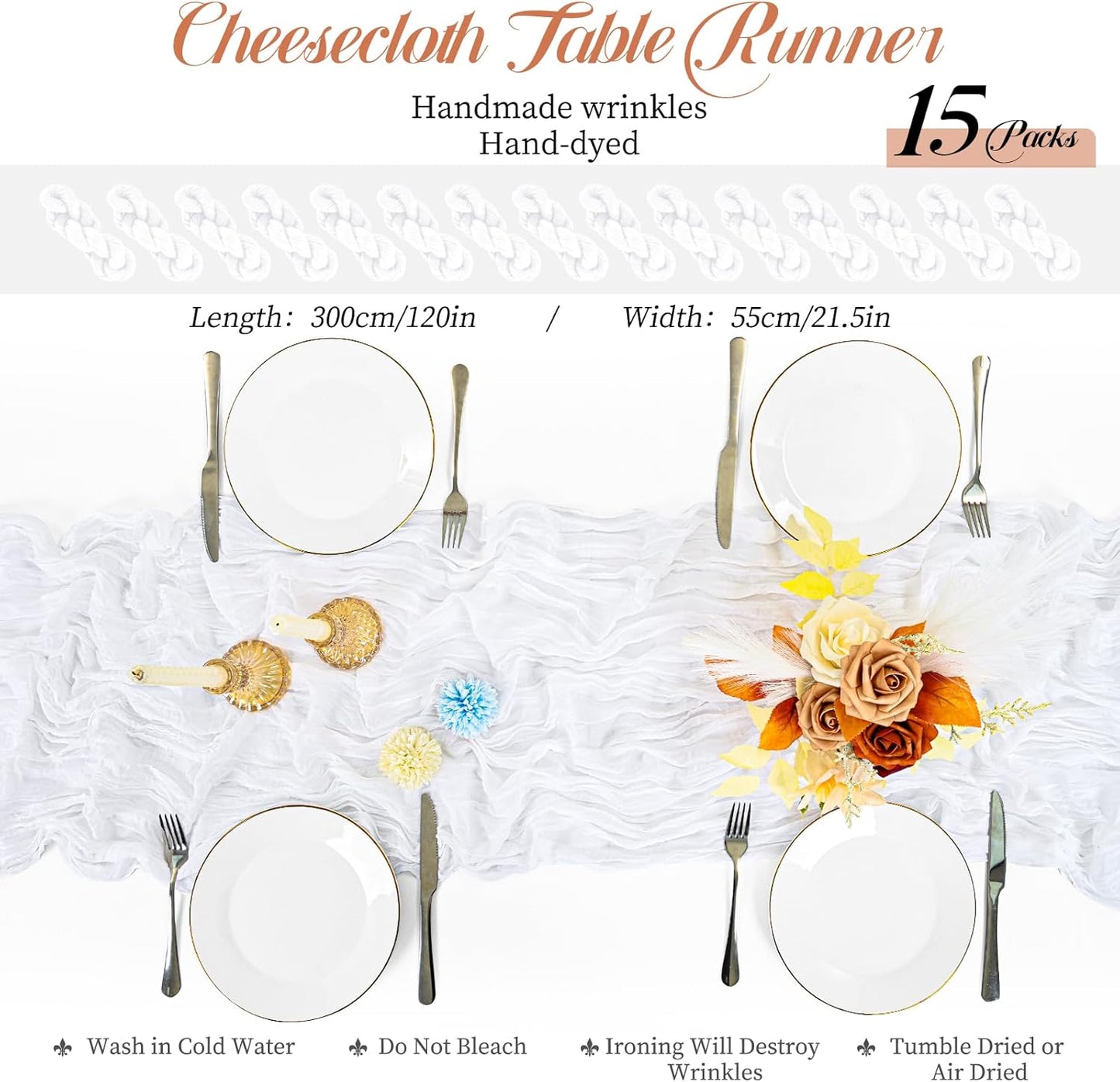 15 Packs Cheesecloth Table Runner White,10 Ft Rustic Gauze Boho Wedding Table Runner Decoration for Party Bridal Shower,21.5x120in