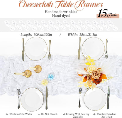 15 Packs Cheesecloth Table Runner White,10 Ft Rustic Gauze Boho Wedding Table Runner Decoration for Party Bridal Shower,21.5x120in