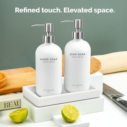 Vine Creations Glass Soap Dispenser Set, Kitchen Soap Dispenser Set with Ceramic Tray, 16 oz Dish Soap and Hand Soap Dispensers with Stainless Steel Pump Decor (White Bottle/Silver)