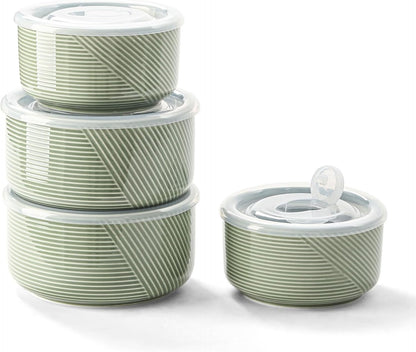 Ceramic Nesting Bowls with Lid: Microwave Safe Food Storage Containers for Work Lunch Picnic Camping Meal Prep Soup Salad Cereal Leftovers - 5 & 6 Inch, 20 & 32 oz, Set of 4, Green