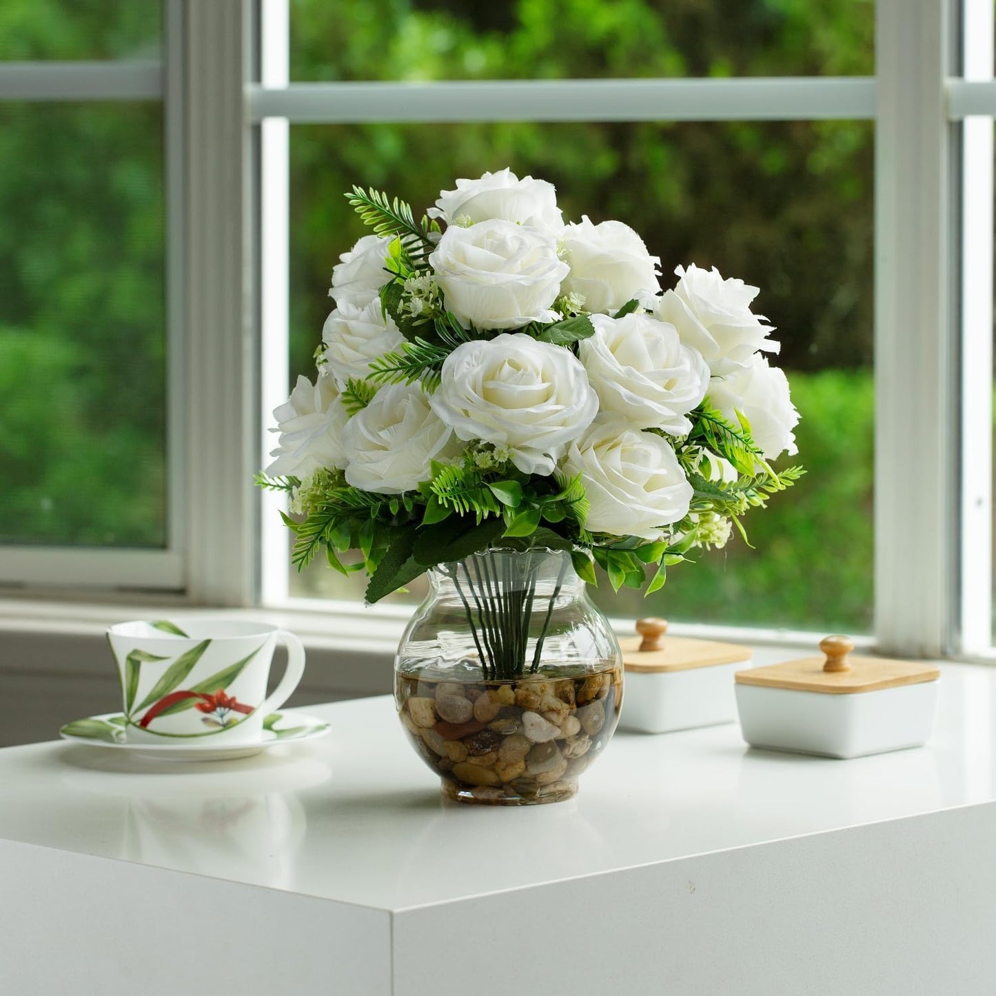 ENOVA FLORAL 18 Heads Silk Rose Artificial Flowers in Vase,Faux Rose Flowers Arrangement in Round Bowl Vase with Faux Water and River Rock for Table Decor Centerpieces (Cream)