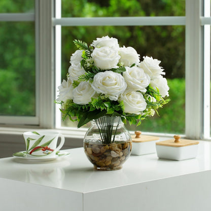 ENOVA FLORAL 18 Heads Silk Rose Artificial Flowers in Vase,Faux Rose Flowers Arrangement in Round Bowl Vase with Faux Water and River Rock for Table Decor Centerpieces (Cream)