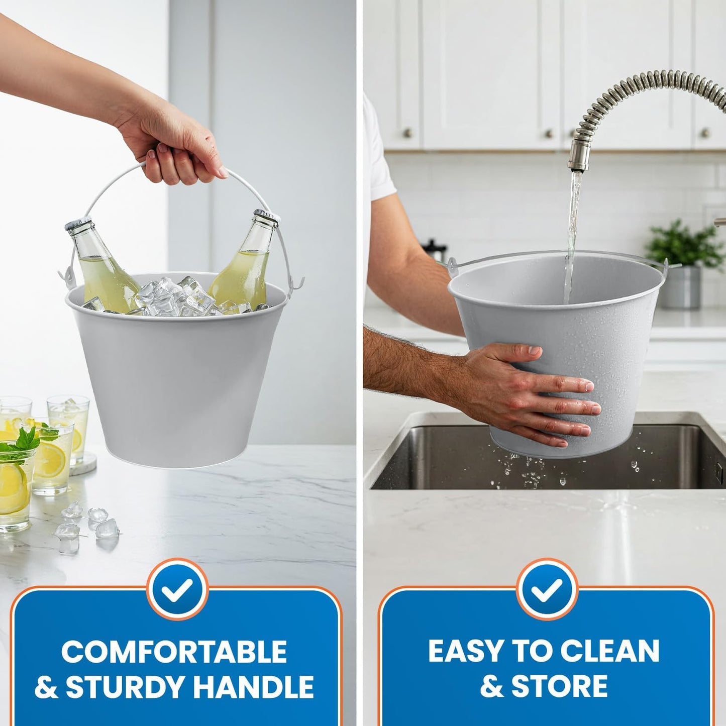 PLEXON Galvanized Metal Ice Bucket for Parties Coctail Bar Restaurant - Drink Beer Champagne Metal Pail Bucket with Handle, Beverage Chiller Cooler Small 1.3 Gallon,Gray