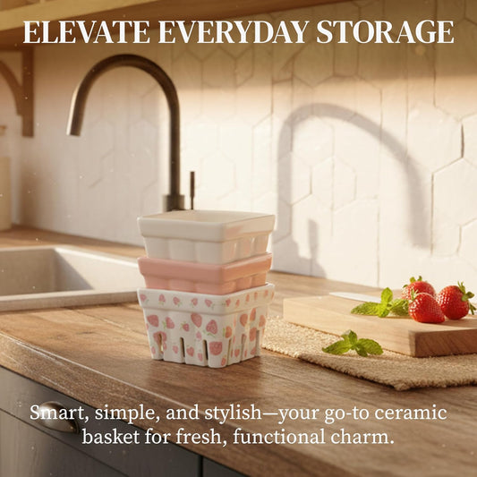 Ceramic Berry Basket, Farmhouse Colander, Strawberry Decor, Fruit Bowls, Fruit Baskets, Kawaii Strawberry Kitchen bowl, Pink White and Cute Strawberry pattern Stoneware Harvest Square Bowls Set of 4