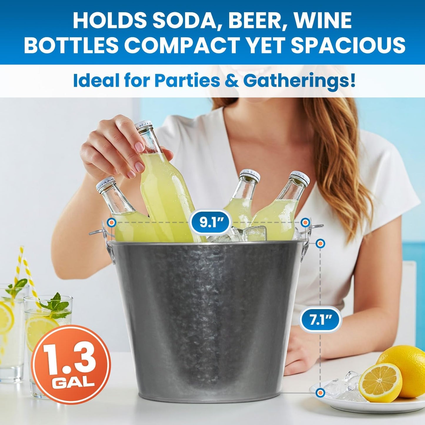 PLEXON Galvanized Metal Ice Bucket for Parties Coctail Bar Restaurant Set of 2 - Drink Beer Champagne Metal Pail Bucket with Handle, Beverage Chiller Cooler Small 1.3 Gallon