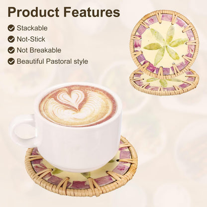 uxcell 2Pcs Handmade Woven Rattan Coasters, Heat-Resistant Drink Coasters for Coffee Table Dining Room Kitchen Coffee Wine Decor, Light Green Petal