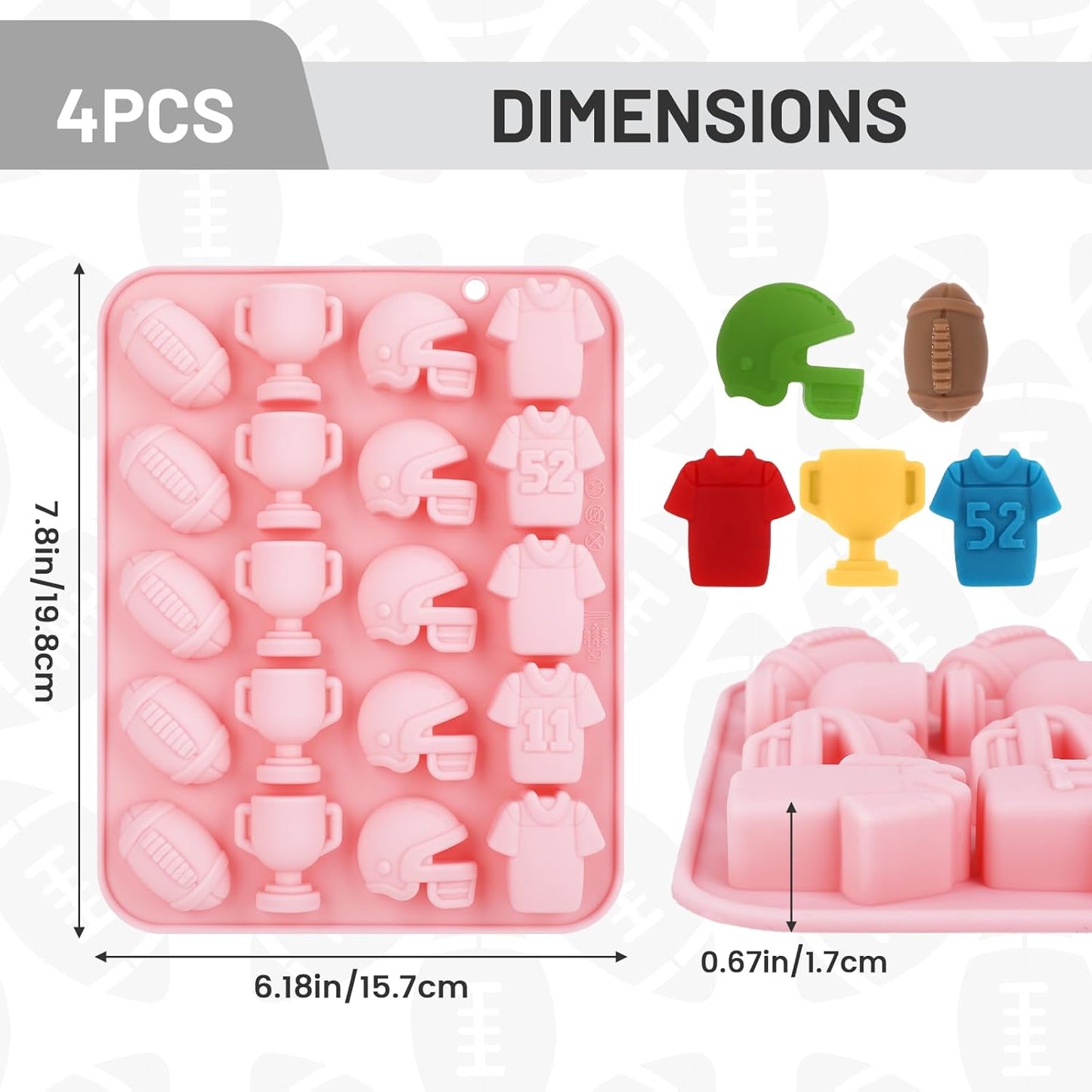 4 PCS Football Cake Chocolate Mold, 20 Cavites Football Silicone Cake Pop Molds Candy Mould Shaped with Helmet Football Cake Pan for Jello, Silicone Chocolate Molds,Ice Cube, Cupcake Decorations
