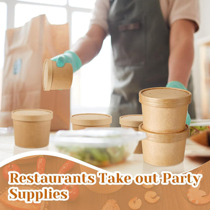 Sabary 50 Pack 8 oz Paper Soup Containers with Lid Disposable Kraft Soup Food Bowl Microwavable Food Storage Ice Cream Containers Nice for Restaurants (Brown)