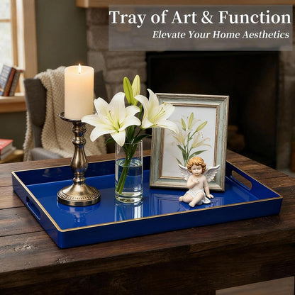 Zosenley Decorative Tray, Rectangular Plastic Tray with Handles, Modern Vanity Tray and Serving Tray for Bathroom, Kitchen, Ottoman and Coffee Table, 15.6” x 10.2” (Drak Blue)