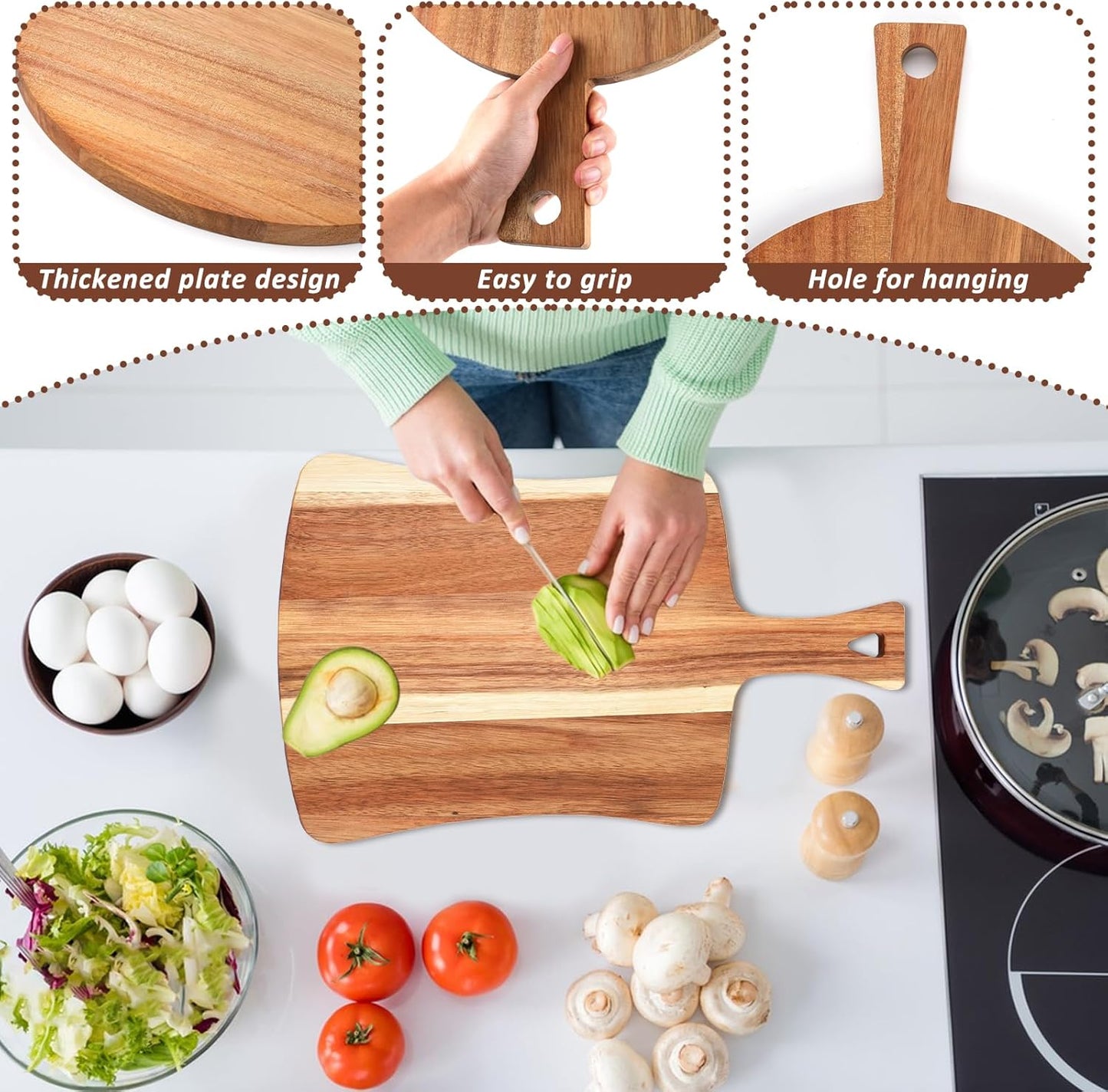 3 PCS Acacia Wood Cutting Board with Handle Wooden Large Paddle Carving Chopping Charcuterie Board Set Butter Serving Tray for Cheese Meat Fruit Pizza Bread Baking