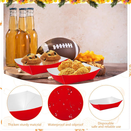 100 Pcs Red Paper Food Tray Sturdy Disposable Food Boats Nacho Plates Disposable Serving Snack Trays for Catering, Party Birthday Supplies, and Food Service (Red)