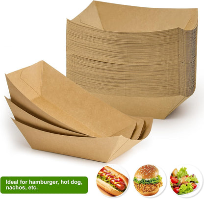 Ocmoiy 4lb Large Paper Food Trays, 100 Pack Heavy Duty Kraft Food Boats Holders Disposable Serving Basket Trays for Nachos, Burgers, Fries, Tacos, Hot Dog, Sandwiches