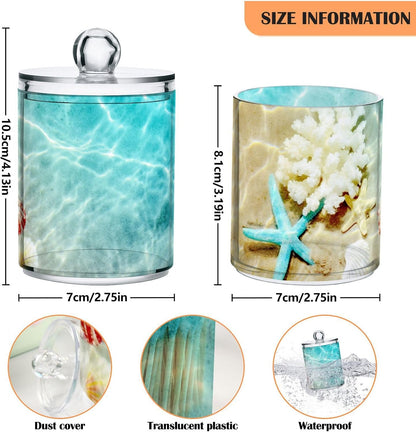 xigua Starfish Seashell Beach Qtip Holder with Lid,2Pack Clear Plastic Apothecary Jars Bathroom Storage Containers for Cotton Swab,Cotton Ball,Floss Picks,Tea,Coffee