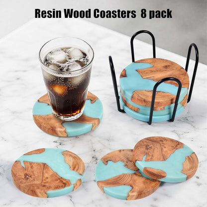 Drink Coaster Set, Wooden Absorbent Coasters, Epoxy Resin Coaster for Coffee Table, Tabletop Protection Decor, Modern Coasters Set of 8 with Holder