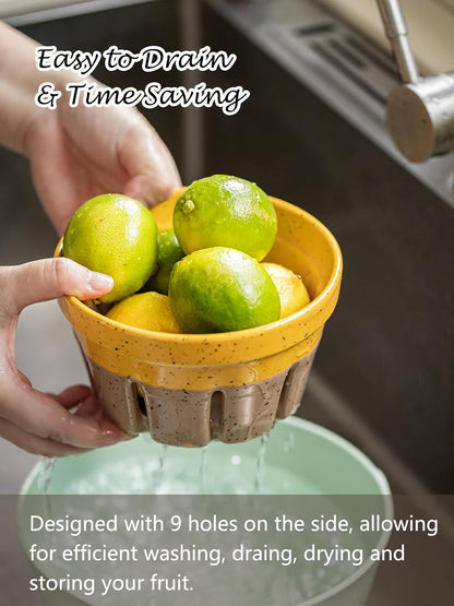 Gomakren Fruit Bowl with Holes, Ceramic Berry Basket Set of 2, 5.8 Inch Round Fruit Storage Containers, Strawberry Baskets, Farmhouse Kitchen Decor, Yellow + Brown