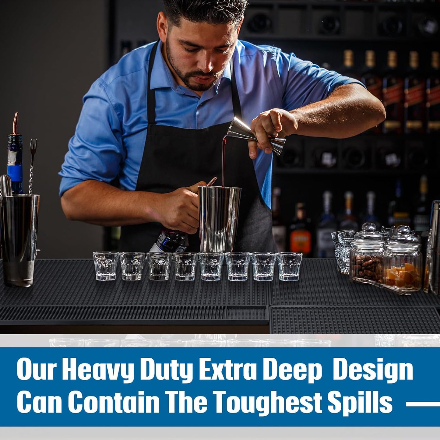 4 Pcs Thick Rubber Bar Mats for Bartending, Durable Non-slip Spill Mat for Countertop, Home Kitchen, Coffee Bars, and Restaurants Accessories, Black(24" X 12"+18" X 12"+24" X 3"+12" X 6")