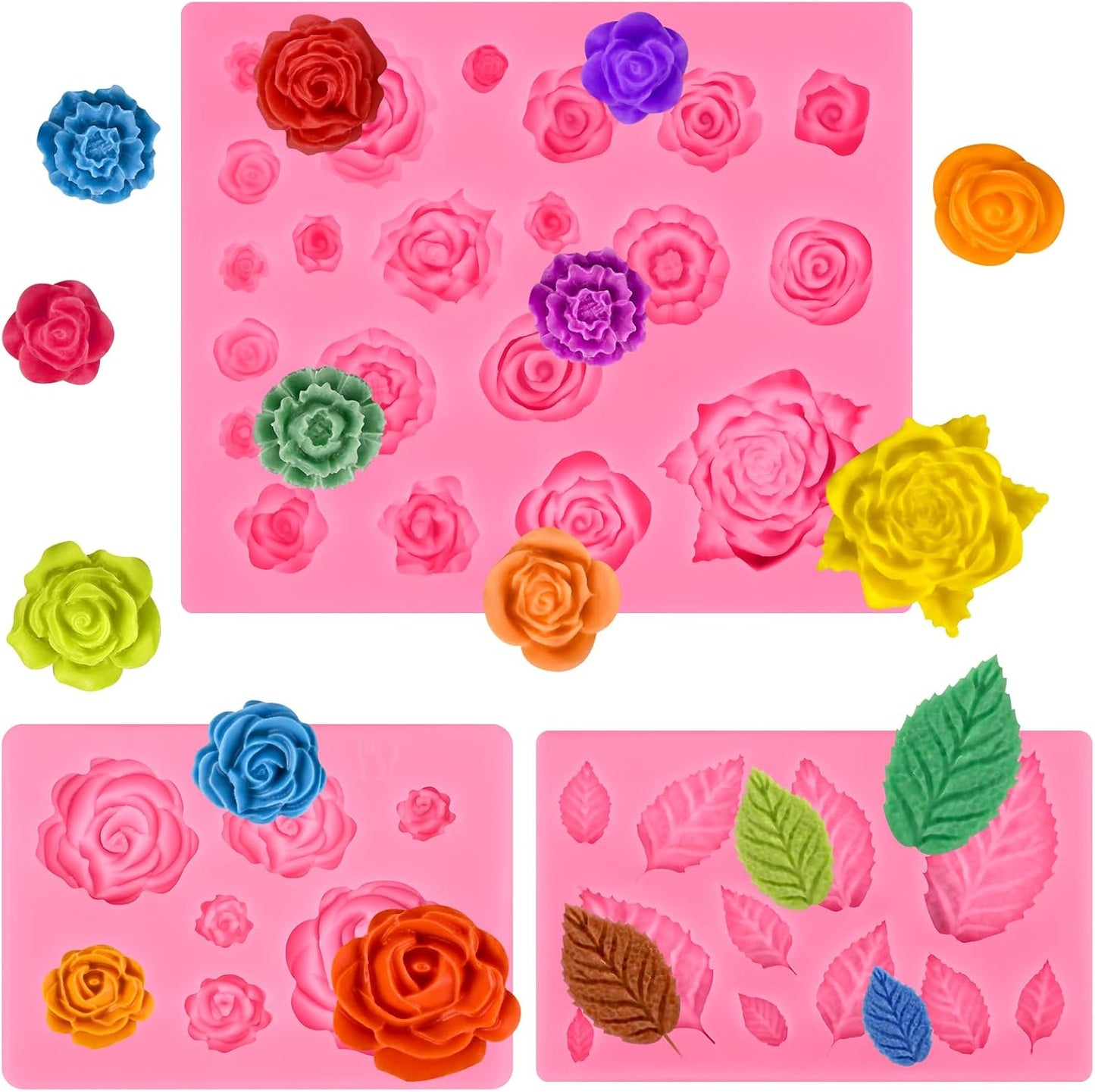 Actvty Rose Flower Silicone Mold, Leaves Candy Mold, 3 Pcs Mini Rose and Leaf Silicone Molds for Chocolate Fondant Sugarcraft Clay Candy Gummy Cupcake Toppers Cake Decorating