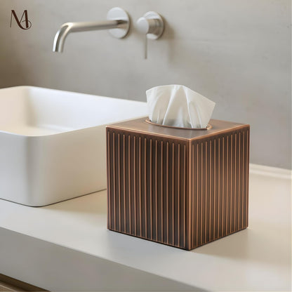Monarch Abode Tissue Box Cover Square – Handcrafted Ridge Embossed Antique Copper Metal Tissue Holder Box for Bathroom Accessory, Aesthetic Decorative Facial Napkin Cube for Modern Home Decor
