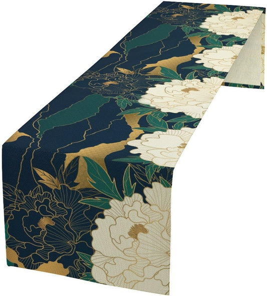 Chinese Landscape Dinning Table Runner, Spring Line Floral Navy Green Peak Asian Style Table Runner for Kitchen Study Living Room Home Bedroom, Gray 13x90 Inch