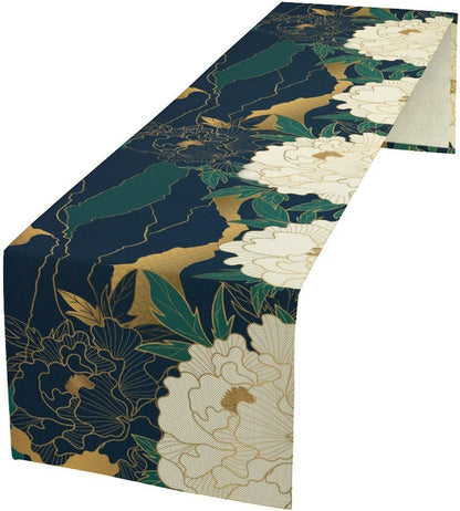 Chinese Landscape Dinning Table Runner, Spring Line Floral Navy Green Peak Asian Style Table Runner for Kitchen Study Living Room Home Bedroom, Gray 13x60 Inch