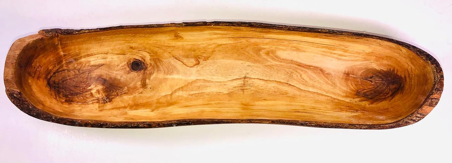 16-17" Rustic Olive Wood Bread Basket Dough Bowl- Live Bark Edge. Handmade Oval Decorative Bowl for French Bread. In 14, 16, 18". (16-17 x 3-4 x 2-3 in)