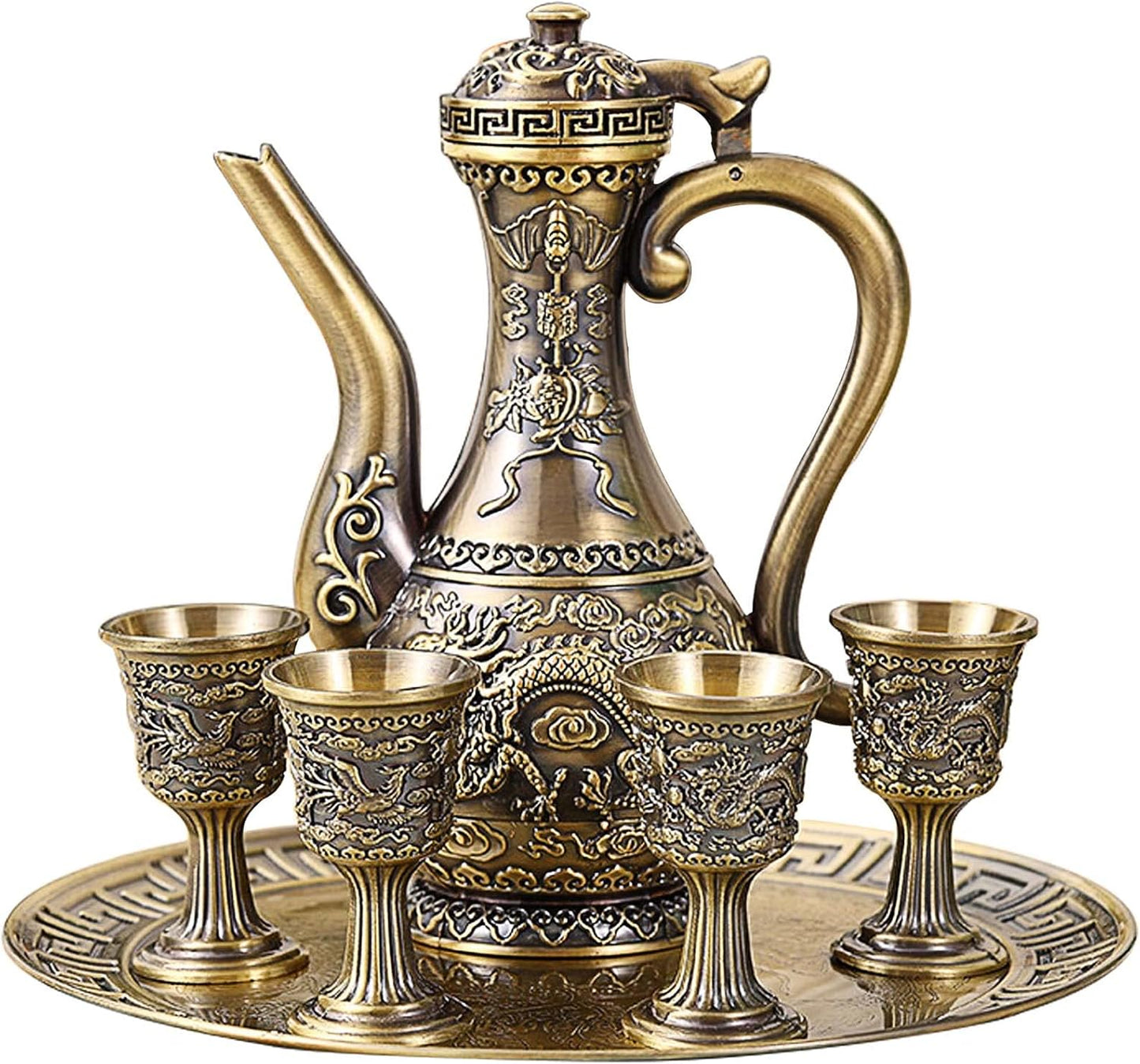 Vintage Turkish Coffee Pot and Cups Set,Teapot Tea Service Set Including 4 Metal Cups and Tea Tray for Tea Table Decor,Wedding Ornament (Bronze)