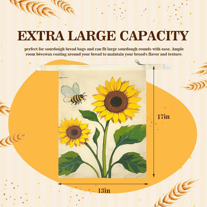 Beeswax Bread Bags for Sourdough 2 Pack 13"x17" Eco-Friendly Reusable Linen Cotton Storage Bags with Zipper Closure for Homemade Bread Fresh-Keeping, Freezer-Safe Sunflower