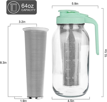 Cold Brew Coffee Maker，64 oz Wide Mouth Mason Jar Pitcher with Stainless Steel Filter, Pour Spout Handle Lid, Heavy Duty Glass Airtight & Leak-Proof for Iced Coffee Tea & Lemonade-Green