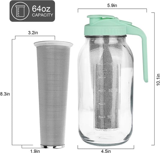 Cold Brew Coffee Maker，64 oz Wide Mouth Mason Jar Pitcher with Stainless Steel Filter, Pour Spout Handle Lid, Heavy Duty Glass Airtight & Leak-Proof for Iced Coffee Tea & Lemonade-Green